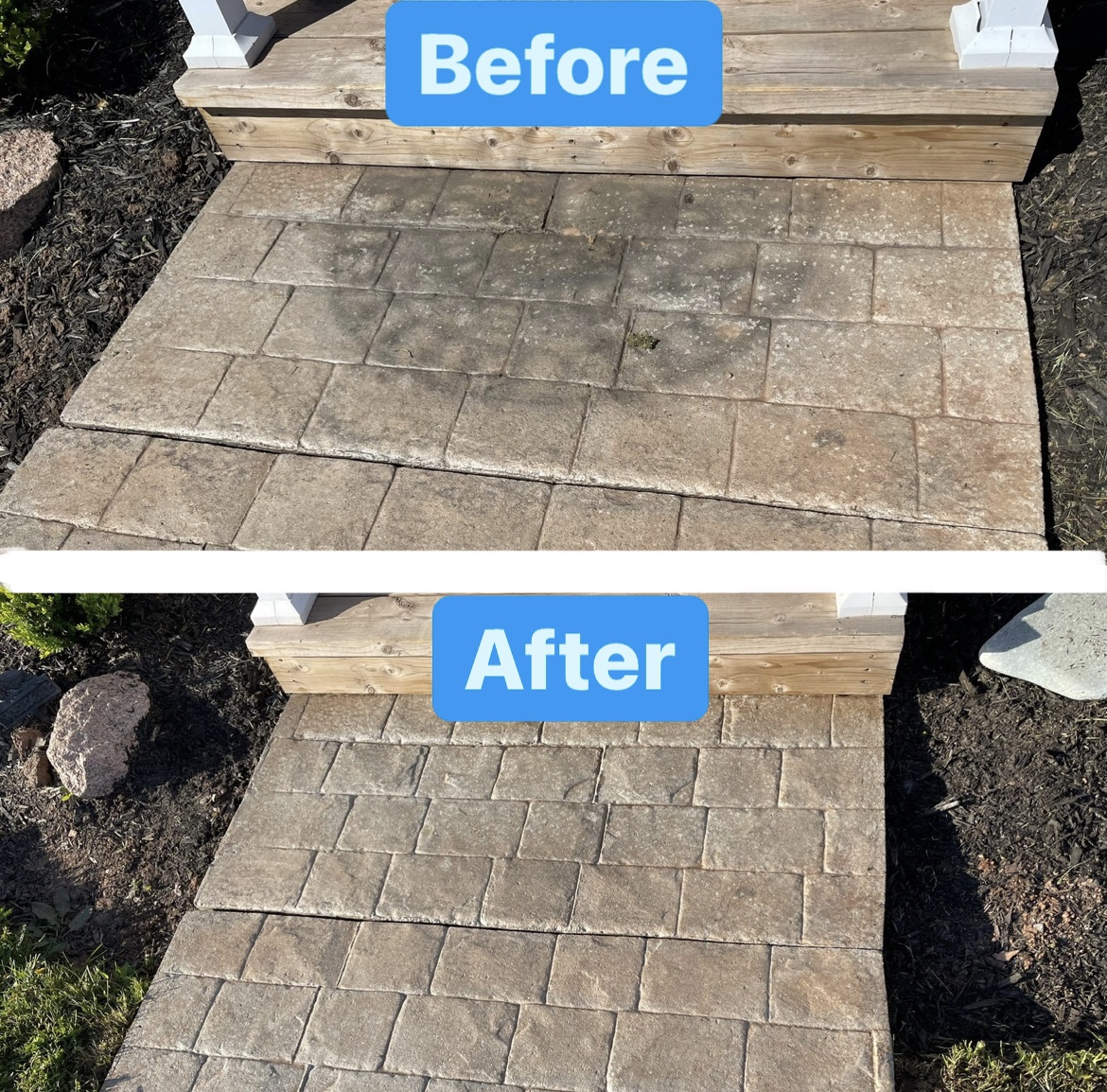 A before and after of pressure washing a walkway in PEI