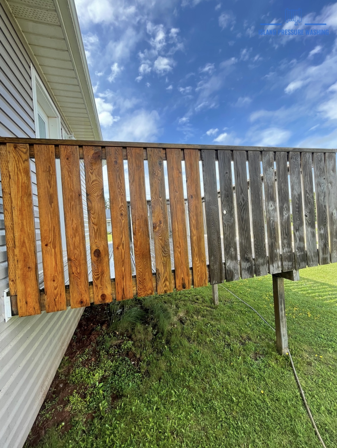 Before and after pressure washing a deck in PEI