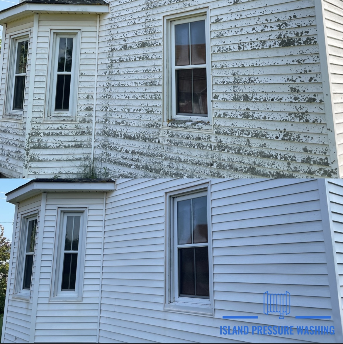 Before and after soft washing a house in PEI